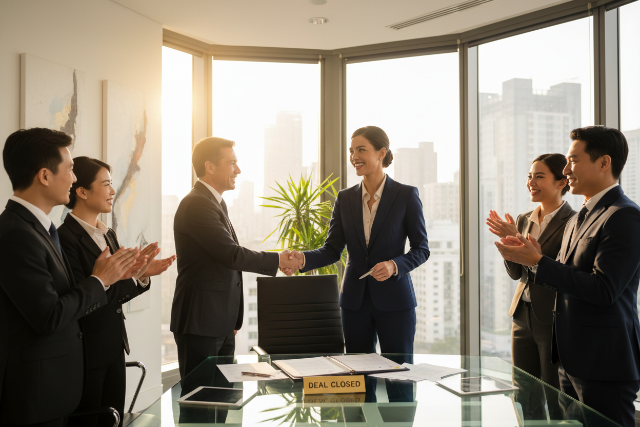 a woman that suceding on closing a business ddeal